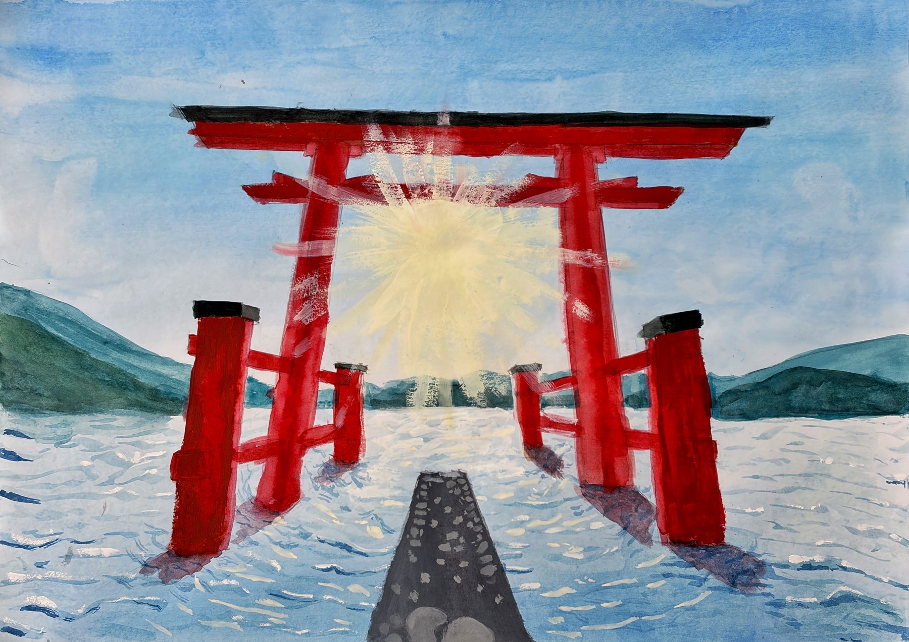 鳥居を描いた小学5年生の自由作品